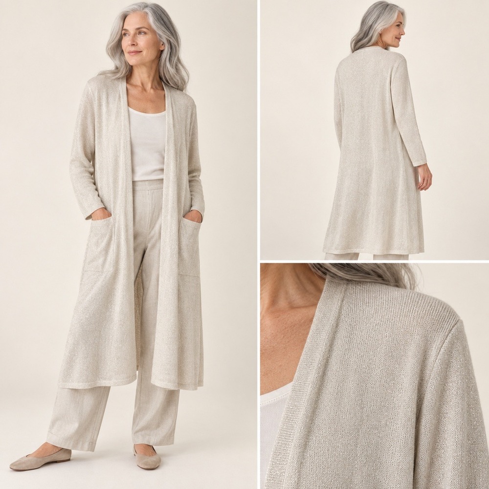 Eileen Fisher Simple Cardigan XXS Bone Organic Linen Crepe Sparkle Long Metallic